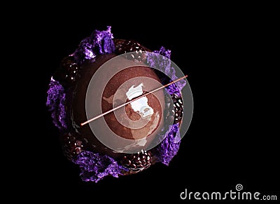 Shiny glazed chocolate and blackberry dessert with purple microwave sponge and fresh berries on black background Stock Photo