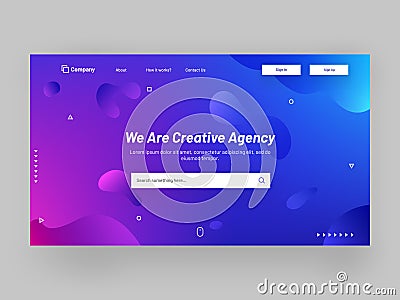 Shiny or glossy responsive landing page design with fluid art elements for creative agency concept. Stock Photo