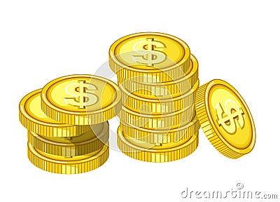 Shiny gold coins with engraved dollar signs drops from above in piles isolated cartoon flat vector illustration Vector Illustration