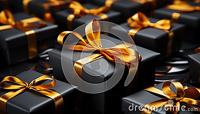 A shiny gold gift box wrapped in yellow wrapping paper generated by AI Stock Photo