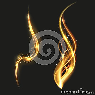 Shiny gold glowing lines swirl trail, golden smoke vector light effect Vector Illustration