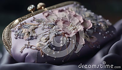 Shiny gold jewelry, elegant purple silk, ornate gemstone brooch generated by AI Stock Photo