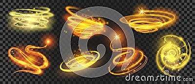 Shiny gold magic spirals and circles with sparkle dust. Glow glitter swirls. Shooting star with motion effect. Magic Vector Illustration