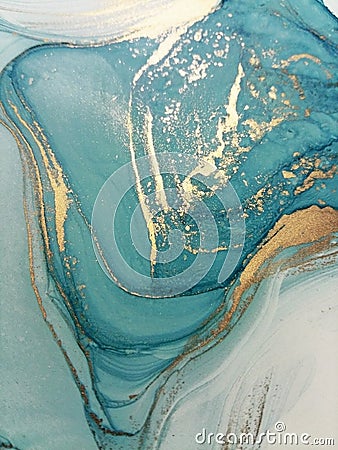 Luxury abstract fluid art painting background alcohol ink technique mint blue and gold. Marble texture Stock Photo