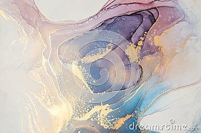 Shiny gold powder shimmering in the light. Abstract fluid art painting made in alcohol ink technique. Stock Photo