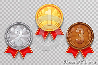Shiny gold silver bronze winner leader award ceremony champion thirst second third place medal ribbon trophy icons set Vector Illustration