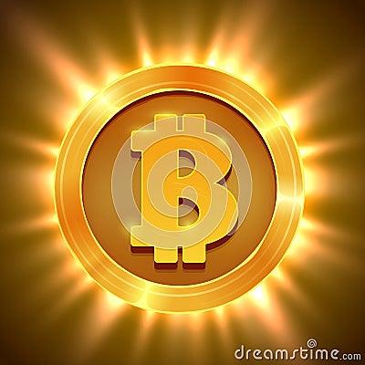 Shiny golden bitcoin isolated on white. Blockchain concept. Vector Illustration