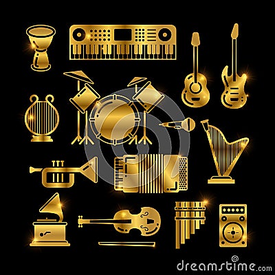 Shiny golden classic music instruments, silhouettes vector icons Vector Illustration