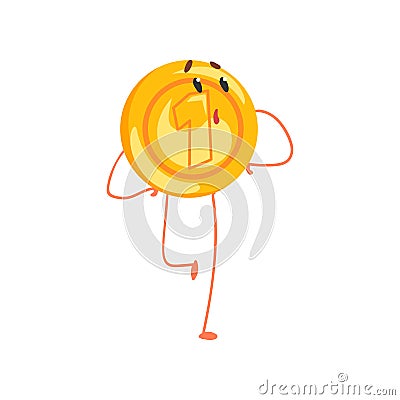 Shiny golden coin character with surprised face expression. Cartoon penny character in flat style. One cent icon Vector Illustration