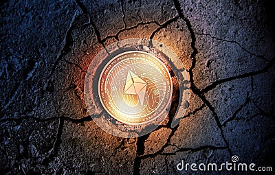 Shiny golden FARAD cryptocurrency coin on dry earth dessert background mining 3d rendering illustration Stock Photo