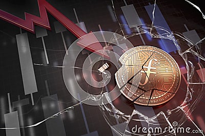 Shiny golden FILECOIN cryptocurrency coin broken on negative chart crash baisse falling lost deficit 3d rendering Editorial Stock Photo