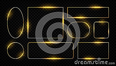 Shiny golden frames. Glowing border lines for greeting cards, golden vector square and round shapes on transparent Vector Illustration