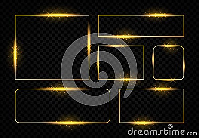 Shiny golden frames. Square magic border with glowing golden lines and flares, vector birthday party and wedding Vector Illustration