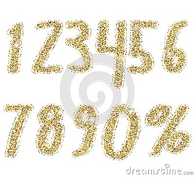 Shiny golden glitter numbers. Speckling glitter font. Decorative golden luxury numbers. Good for for sale, holiday, voucher, shop, Vector Illustration