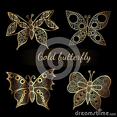Shiny golden line butterflies on the black background Vector Illustration