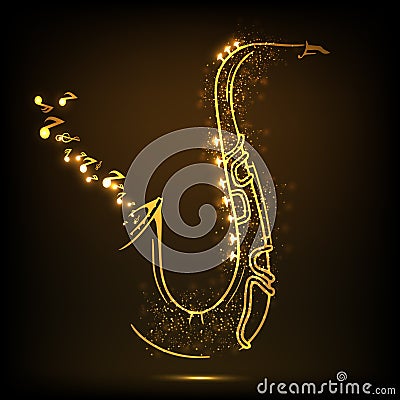 Shiny golden saxophone with musical notes. Cartoon Illustration