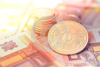 Shiny golden SCIENCE cryptocurrency coin on blurry background with euro money Editorial Stock Photo