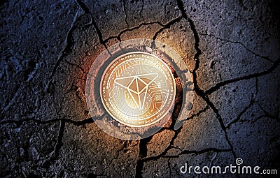 Shiny golden TRADE cryptocurrency coin on dry earth dessert background mining 3d rendering illustration Stock Photo