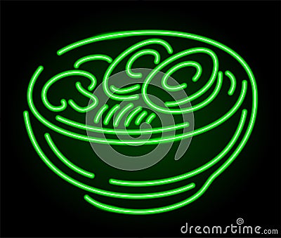 Shiny green neon dish with eggs and mushrooms Vector Illustration