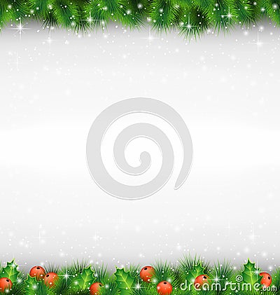 Shiny green pine branches like frame with holly sprigs in snowfall on grayscale Vector Illustration