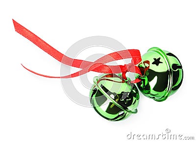 Shiny green sleigh bells with ribbon isolated on white, top view Stock Photo