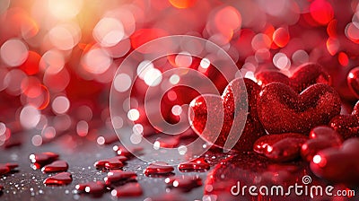 shiny horizontal valentine day design with glossy red floating hearts Stock Photo