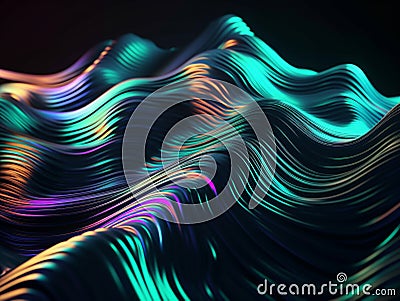 Shiny liquid wave in motion background for banner. Abstract green purple hologram glow fluid backdrop. Generative AI Stock Photo