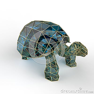 Shiny luxury crystal sapphire galapagos tortoise with edges framed golden wire, isolated Stock Photo