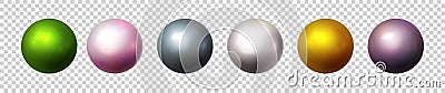 Shiny pearl isolated on transparent background. Multicolored orbs, spherical balls and 3D circle glass buttons. Glossy Vector Illustration