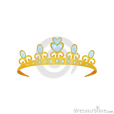 Shiny princess tiara decorated with blue gems. Golden queen crown. Woman s head accessory. Symbol of royal dignity Vector Illustration