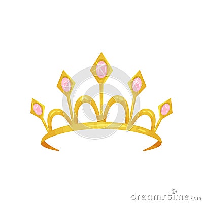Shiny princess tiara decorated with five precious pink stones. Golden queen crown. Royal attribute. Woman s head Vector Illustration