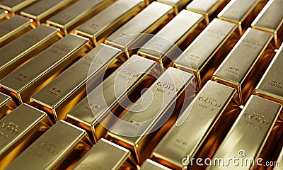 Shiny pure gold bars in a row background. Wealth and economic concept. Business gold future investment and money saving theme. 3D Cartoon Illustration