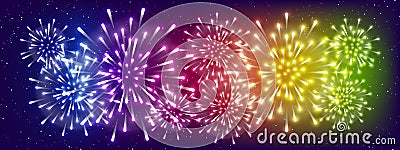 Shiny rainbow fireworks on starry sky background - horizontal panoramic banner for Your design Vector Illustration