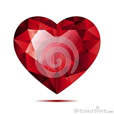 Shiny red ruby crystal heart shape isolated on white background. Vector Illustration