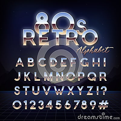 Shiny 80s retro alphabet. Futuristic english font. Vector Illustration