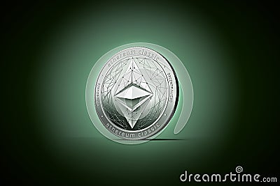 Shiny silver Ethereum classic concept coin on gently lit dark gr Editorial Stock Photo