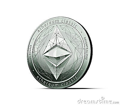 Shiny silver Ethereum classic concept coin isolated on white background. Editorial Stock Photo