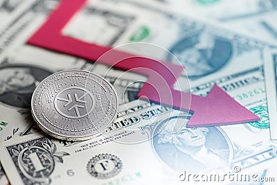 Shiny silver KICKICO cryptocurrency coin with negative chart crash baisse falling lost deficit 3d rendering Stock Photo