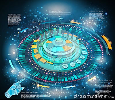Shiny space background or hightech futuristic interface infographic with hand pointer HUD and GUI Vector Illustration