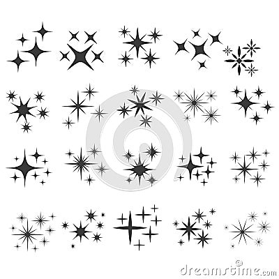 Shiny sparks silhouettes. Twinkle star particles, glitter sparkles and magic sparkle. Party sparks, festive sparkle burst or shine Vector Illustration