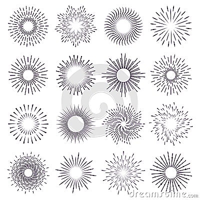 Shiny sunburst. Vintage star radiant sunbursts, hand drawn sparkle starburst frames, sunbursts badges. Firework rays Vector Illustration