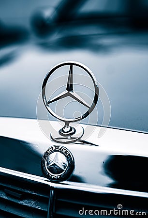 Symbol of Mercedes Benz car, Retro car exhibition PÃ©cs, Hungary - 23. October 2022 Editorial Stock Photo