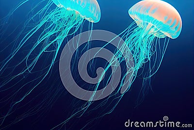 Shiny vibrant fluorescent jellyfish glow underwater dark neon dynamic pulsating ultraviolet blurred background. Fantasy Stock Photo