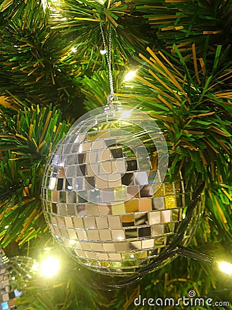 Shiny Xmas ball on gree pine tree Stock Photo