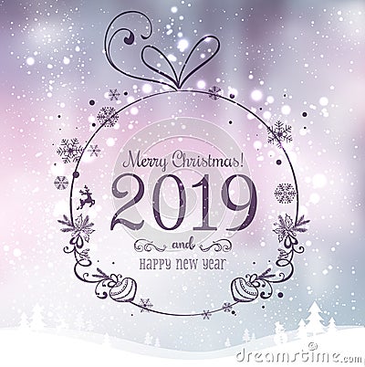 Shiny Xmas ball for Merry Christmas 2019 and New Year on holidays background with winter landscape with snowflakes, light, stars. Stock Photo