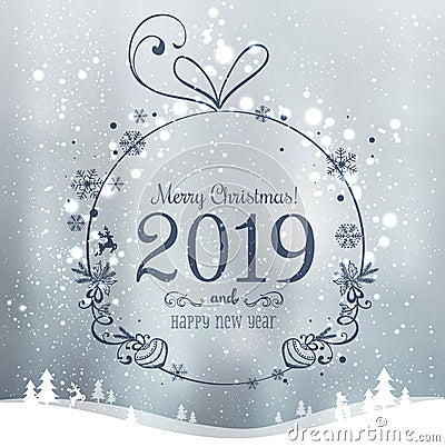 Shiny Xmas ball for Merry Christmas 2019 and New Year on holidays background with winter landscape with snowflakes, light, stars. Stock Photo