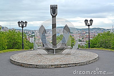 Ship anchor, part of a memorial In memory of the seamen who were lost in a peace time. Murmansk Stock Photo