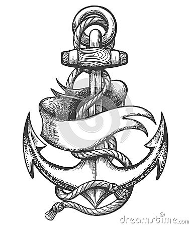 Ship Anchor and Ribbon Old School Tattoo Vector Illustration