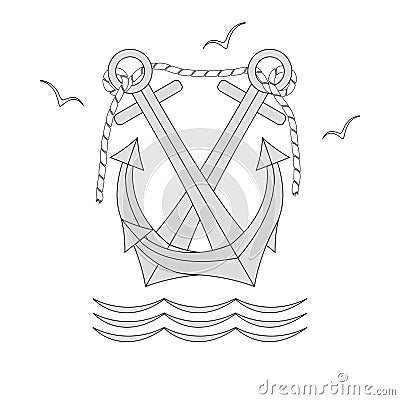 Ship anchors, sea gulls, and waves. Vector icon isolated on white background. Vector Illustration