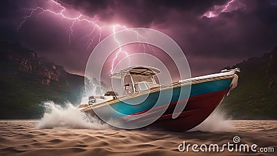 ship in the beach highly intricately detailed Fast bass boat speeding to escape the lightning storm Stock Photo